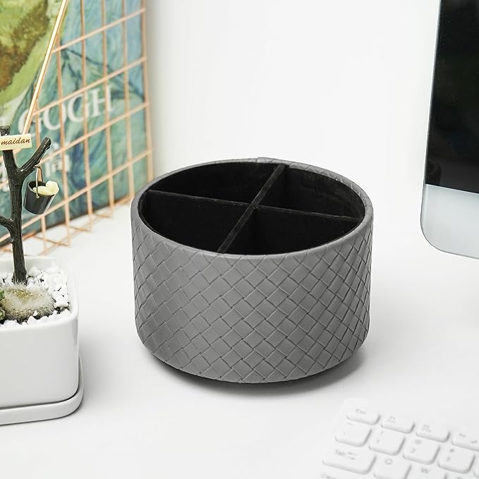 Hennaja Round Leather Art Supply Organizer,Remote Control Holder,360 Degree Spinning,Multi-Functional Pencil Holder,4 Compartments Desktop Stationary Organizer(1-Weave Grey)-NeatNest