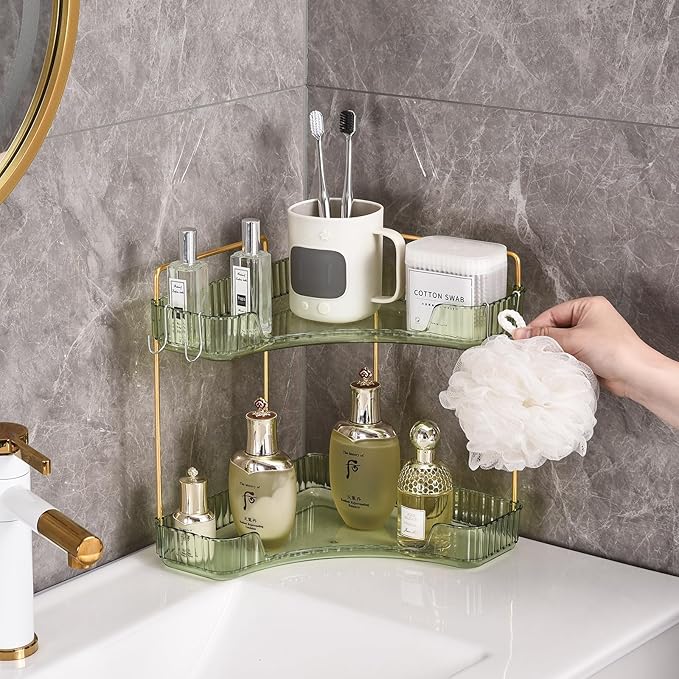 2 Tier Plastic Bathroom Counter Organizer with Hooks,Corner Vanity Tray and Makeup Storage Shelf for Sink, Countertop (Green Gold)-NeatNest