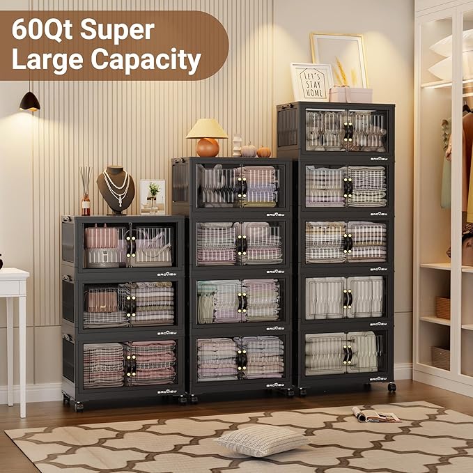 180Qt Stackable Storage Bins with Lid, Extra Large Closet Organizer Collapsible Drawer Boxes with Wheels, Folding Plastic Cabinet Containers for Home Kitchen Room Organization, 3Pack Black