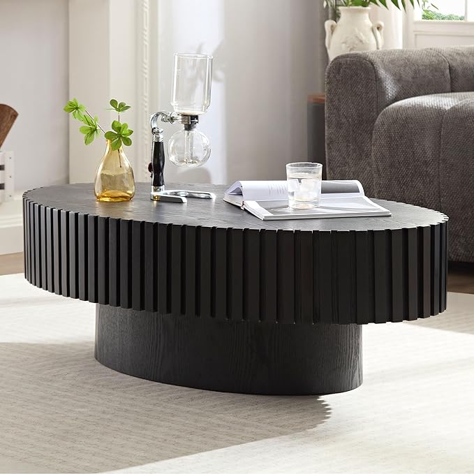 Kevinplus Black Oval Coffee Table - Modern Wood Coffee Table for Living Room, Contemporary Circle Fluted Drum Design, Easy Assembly, 43.7'' x 24.8'' x 13.38''
