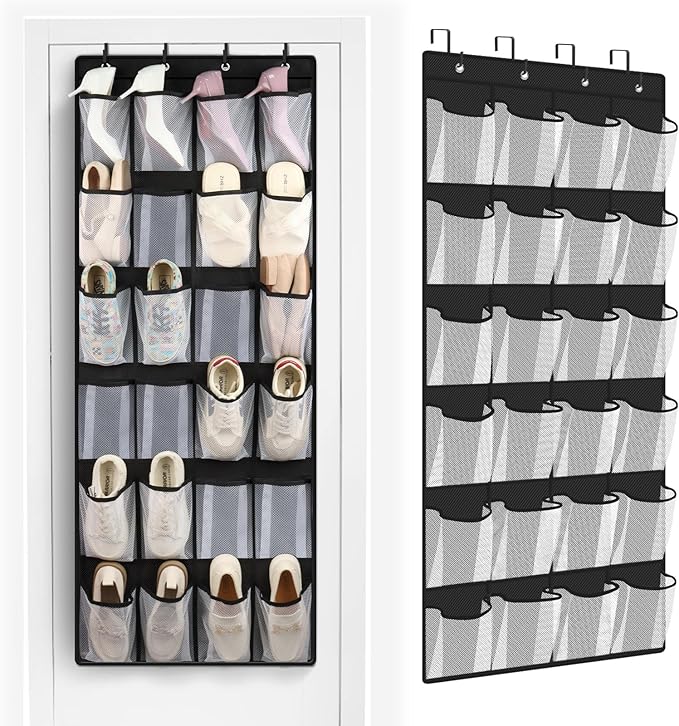 FENTEC 24 Large Pockets Over Door Shoe Organizer, Mesh Hanging Shoe Organizer Shoe Rack for Closet Mesh Closet Shoe Holder, Back of Door Organizer for Cruise Ships, Shoe Rack for Wall, Black, 1 Pack-NeatNest