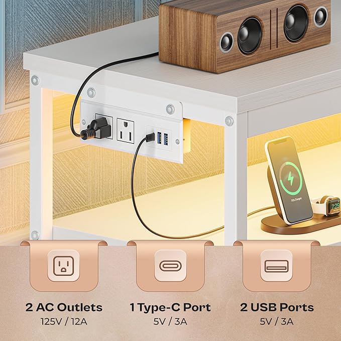Huuger LED TV Stand for Bedroom, 47 Inch Dresser TV Stand for 43, 50, 55 Inch TV, White TV Stand with Storage, Entertainment Center with Power Outlets, 6 Drawer Fabric Dresser for Living Room-NeatNest
