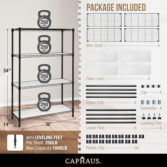 CAPHAUS NSF Adjustable Height Wire Shelving Unit w/Liner, Basement Storage Shelving, Metal Steel Storage Shelves, Garage Shelving Storage Organizer, Utility Shelf, 4-Tier No Wheels W/Liners, Black-NeatNest