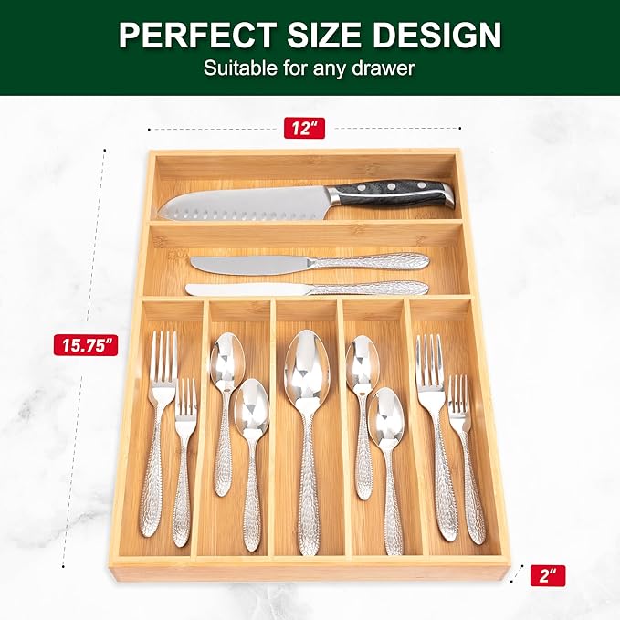 Bellsal Natural Utensil Organizer 12.5 Inch Silverware Organizer for Drawer Utensil Holder Cutlery Organizer Kitchen Drawer Organizer 7 Compartment Small Narrow Bamboo-NeatNest