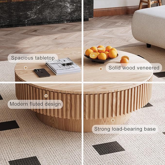 39'' Round Coffee Table with Storage, Modern Wooden Coffee Table with Solid Wood Veneered, Circle Center Table Accent Tea Table for Living Room Apartment Natural Wood