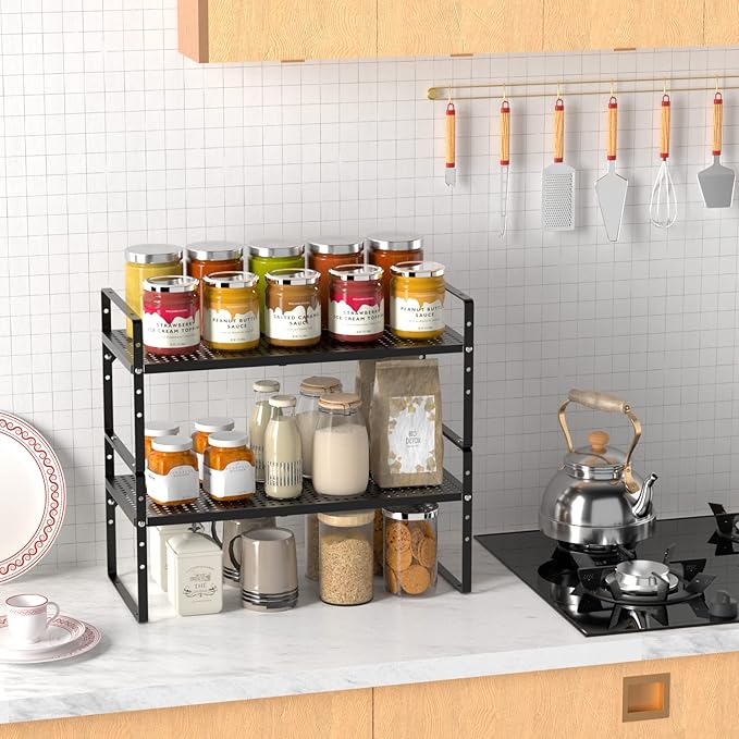 iPEGTOP Large Expandable Cabinet Storage Shelf Organizer Rack, Heavy Duty Stackable Steel Metal Spice Rack Adjustable Height Office Pantry Garage Shelves for Counter Kitchen, Black - 1 Pack-NeatNest
