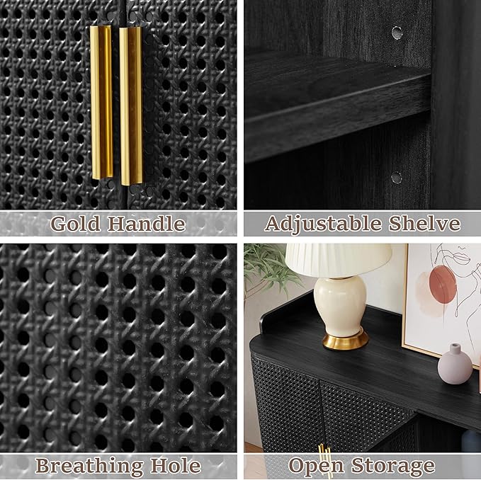 ORRD 4 Doors Storage Cabinet, 2 Tier Wooden Storage Organizer Cabinet with Adjustable Shelf, Sideboard Buffet Cabinets with Iron Curved Doors Accent Shoe Rack for Entryway Hallway Living Room (Black)-NeatNest