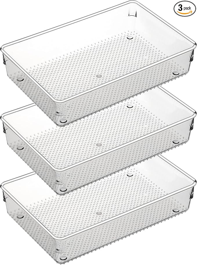 ihomecooker 3 Set Clear Plastic Junk Drawer Organizer Vanity Curlery Utensil Makeups Organizer for Kitchen 6" X9''-NeatNest