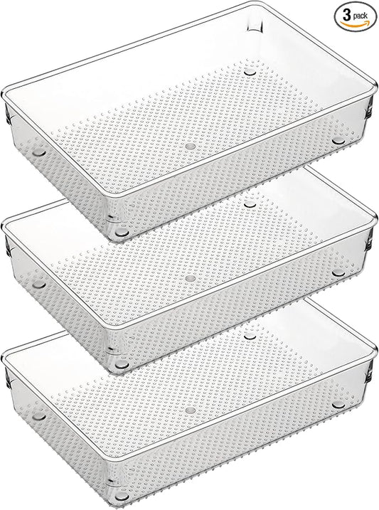 ihomecooker 3 Set Clear Plastic Junk Drawer Organizer Vanity Curlery Utensil Makeups Organizer for Kitchen 6" X9''-NeatNest