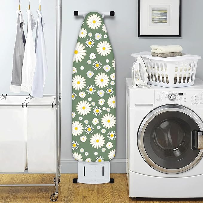 Extra Thick Ironing Board Cover and Pad, 15x54 Ironing Board Cover, Resist Scorching and Staining,Elastic Edges,Sage Green White Daisy Spring Flowers