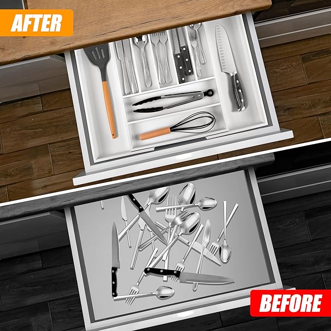 Bellsal Large Premium Bamboo Silverware Organizer - Expandable Utensil Drawer Organizer - 17"x19.6" Utensil Holder and Cutlery Tray with Grooved for Kitchen Flatware and Utensils(7-9 Slot, White)-NeatNest