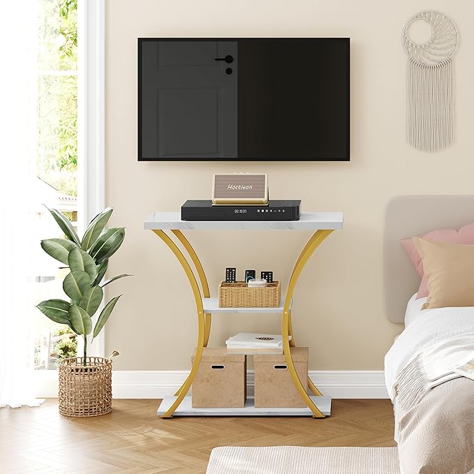 Hoctieon 3 Tier Console Table with Open Wood Shelves, Decorative Entryway Table with Curved Metal Frames, Narrow Sofa Table for Entrance, Living Room, Hallway, Gold and White Marbled-NeatNest