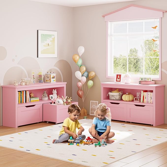 IRONCK Toy Storage and Organizer for Boys and Girls, Toy Chest with Shelf and Removable Drawers, Toy Box for Bedroom, Playroom and Nursery, Pink
