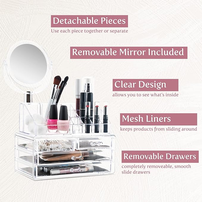 Masirs Clear Makeup Organizer with Mirror – 16-Compartment Cosmetic and Jewelry Holder, 4-Drawer Vanity Storage, Elegant Clear Design for Makeup and Accessories-NeatNest