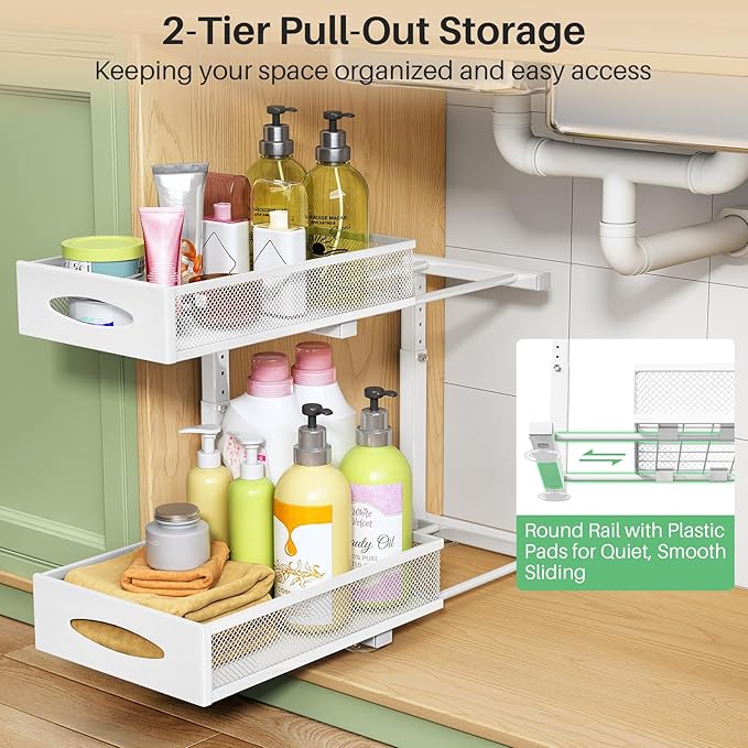 Under Sink Organizer, 2 Pack 2 Tier Pull out Cabinet Organizer Baskets with Mesh Sliding Drawers, Slide out Sink Storage Shelves for Kitchen, Bathroom, Pantry, Cabinet Organizers and Storage(White)-NeatNest
