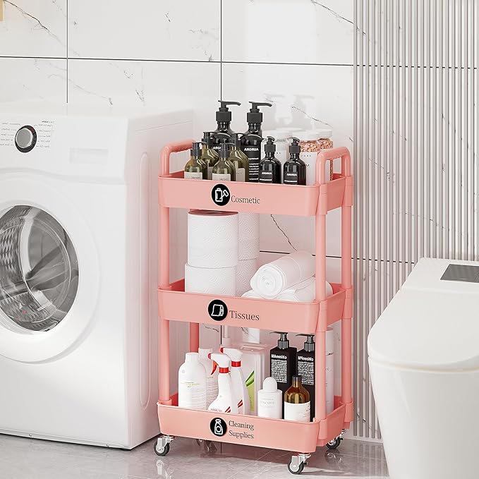 Laiensia 3-Tier Rolling Cart with Wheels,Multifunction Utility Storage carts, Kitchen Storage Organizer,Mobile Shelving Unit for Bathroom,Laundry,with Classified Stickers,Pink-NeatNest