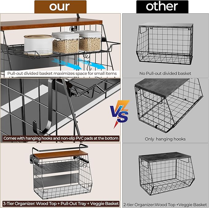 Delamu Magnetic Shelf for Fridge with Wood Lid, 3 Tier Pull Out Fruit Potato and Onion Storage Bins, Magnetic Spice Rack Organizer for Refrigerator, Cabinet, Kitchen Counter, Laundry (1 Pack)-NeatNest