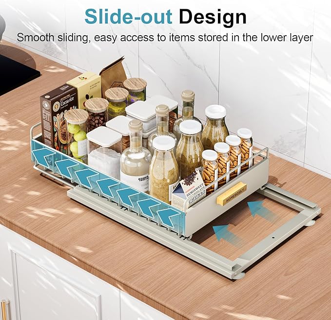Under Sink Organizer, 2 Pack Pull Out Kitchen Cabinet Organizer, Mute Slide-Out Under Sink Organizers and Storage, Metal Kitchen Bathroom Organizers and Storage Shelves, Grey-NeatNest
