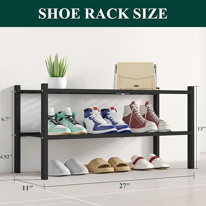 Smiry Shoe Rack, 2 Tier Bamboo Shoe Organizer, Stackable Free Standing Wooden Shoe Storage Shelf for Closet, Entryway, Front Door Entrance, Black-NeatNest