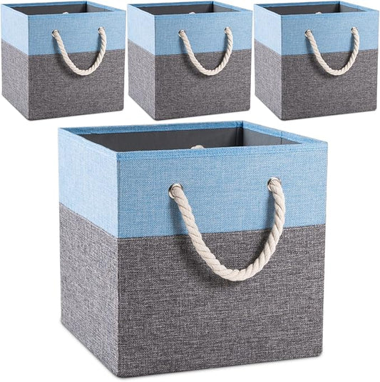PRANDOM Large Foldable Cube Storage Bins 11x11 inch [4-Pack] Fabric Linen Storage Baskets Cubes Drawer with Cotton Handles Organizer for Shelves Nursery Closet Bedroom Blue-NeatNest