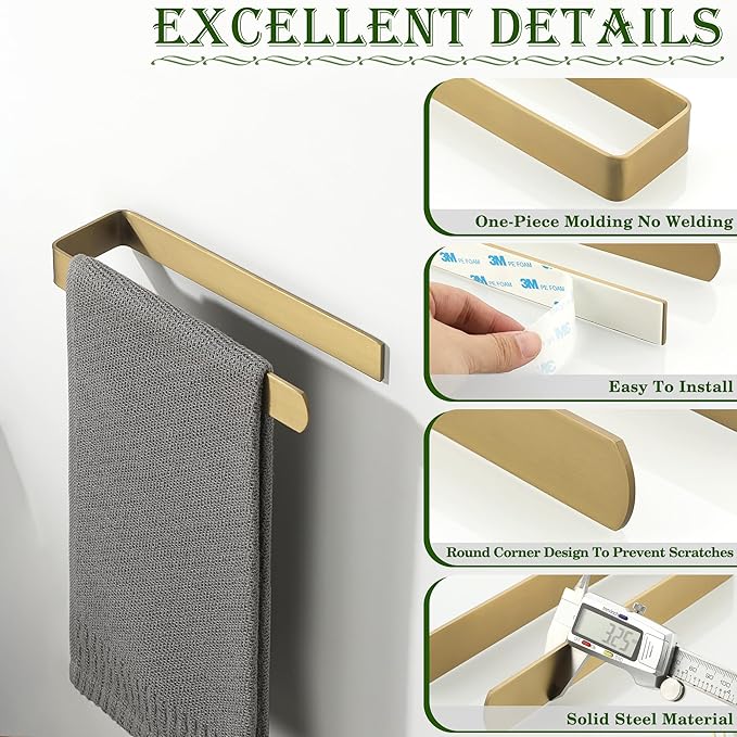 Alise Hand Towel Holder Self Adhesive Towel Bar Towel Hanger for Bathroom Wall,SUS304 Stainless Steel Brushed Gold Towel Rack Towel Ring for Kitchen Cabinet Glass Door Wash Basin Side,No Drilling