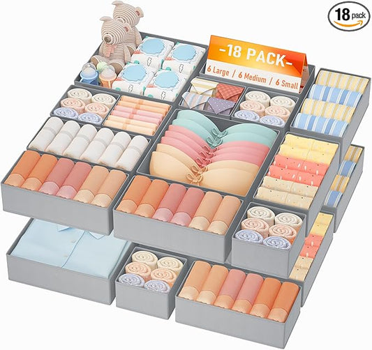 DIMJ Drawer Organizer Clothes Storage - 18 Pack Baby Dresser Organizer for Nursery, Foldable Closet Drawer Organizer Bins for Bedroom Organization, Fabric Storage Dividers for Socks, Underwears, Bras-NeatNest