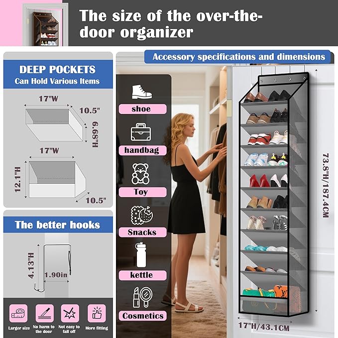 10 - Pocket Over - the - Door Hanging Shoe Organizers & Rack, Made of Sturdy 600D Oxford + Non - Woven Fabric, Space - Saving Storage for Shoes, Boots & More (Gray)-NeatNest