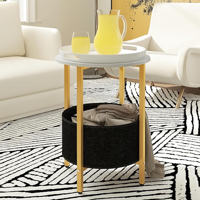 GOFALME Round End Table with Storage Set of 2, Sofa Side Table with Removable Fabric Basket, Metal Frame, Faux Marble Top, Modern, 2-Tier Bedside Table for Living Room, Bedroom, White