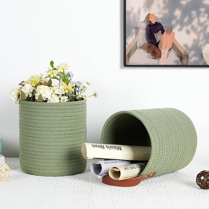 DULLEMELO Hanging Basket with Handle, Set of 2 Small Rope Hanging Wall Baskets for Decor, 7 X 8 Inches Woven Fern Hanging Storage Basket for Organizing (Green)-NeatNest
