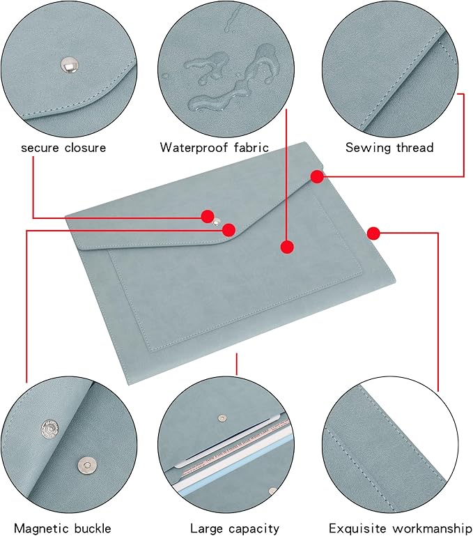 Wason Expanding A4 Document File PU Leather Envelope Case Holder-Large Size Pockets for Paper Bills Stationery Tablet and PC, Work Study Traveling (Light Blue)