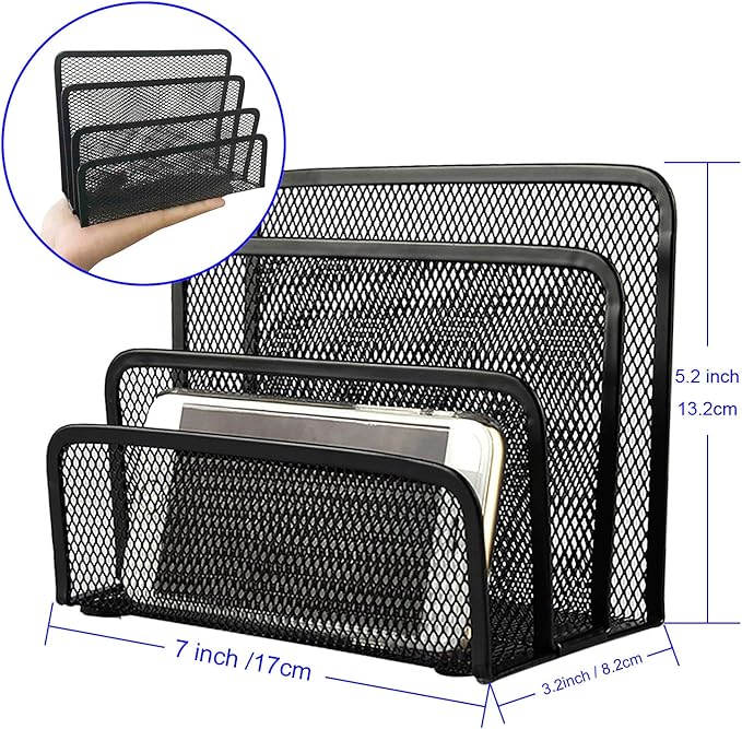 Desk Mail Organizer, File Holder Letter Sorter with 3 Vertical Upright Metal Mesh Compartments Document, Filing, Folders, Mail, Paper Organizer for Home or Office Desktop (1PCS)