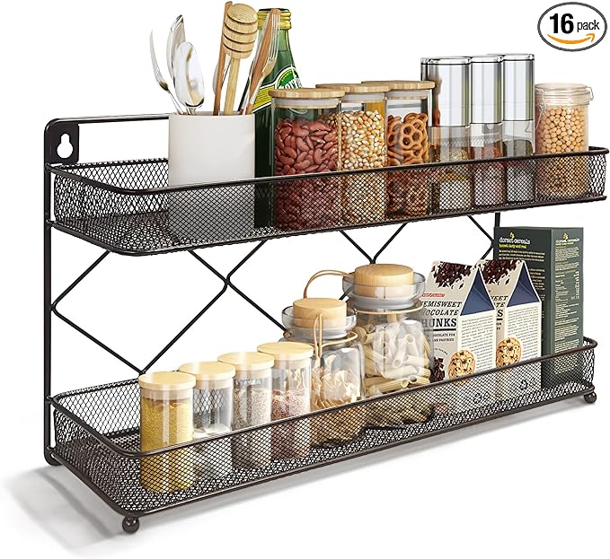 2 Tier Metal Kitchen Counter-top or Wall Mount Spice Rack, Jars Storage Organizer, Cabinet Holder, spice seasoning organizer for Partry (Bronze)-NeatNest