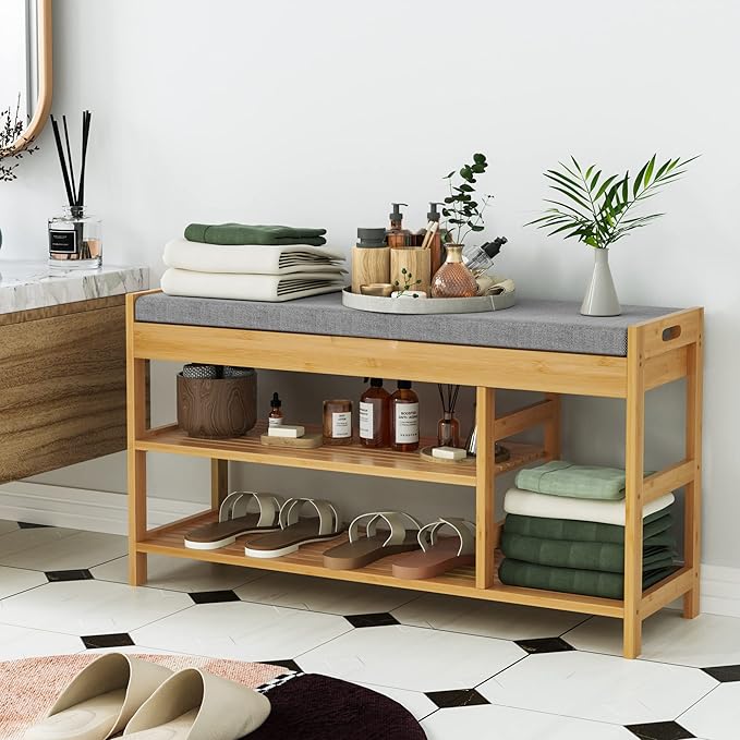 HIFIT Bamboo Shoe Bench Rack with Storage, Entryway Storage Bench with Padded Seat, Shoe Oiganizer Shelf for Entryway Mudroom Bathroom Hallway, Natural
