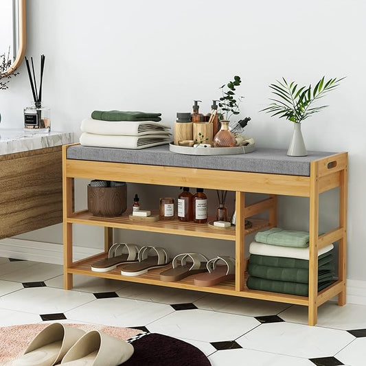 HIFIT Bamboo Shoe Bench Rack with Storage, Entryway Storage Bench with Padded Seat, Shoe Oiganizer Shelf for Entryway Mudroom Bathroom Hallway, Natural