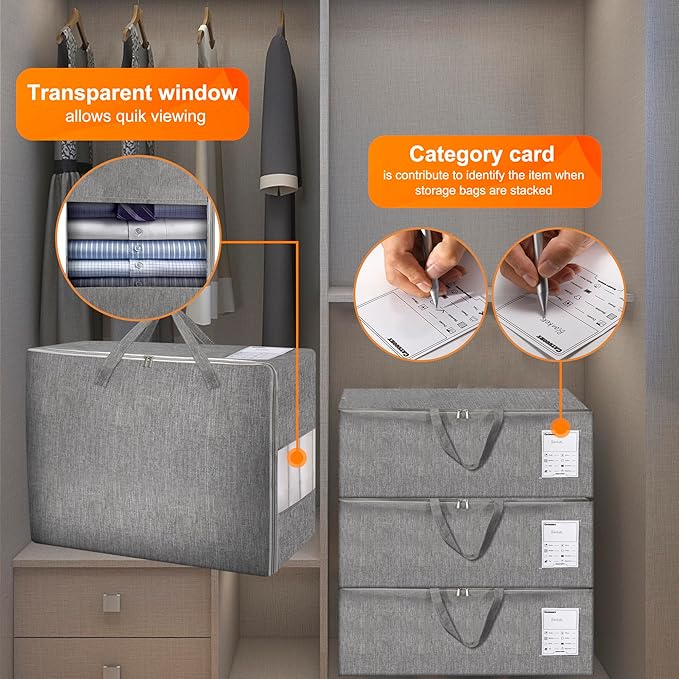 2 Pack 85L Comforter Storage Bags, Extra Large Bedding Storage Bags with Category Card and Clear Window, Reinforced Handles & Zippers, Foldable Closet Organizers for Blanket Pillow-NeatNest