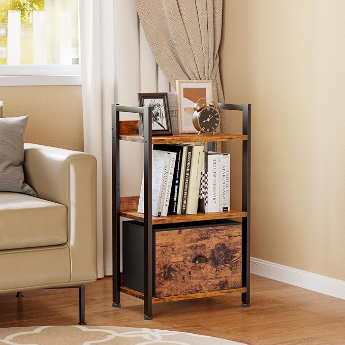 Furologee 3 Tier Bookshelf with Drawer, Small Bookcase with Shelves, Short Wood and Metal Bookshelf Storage Organizer, Industrial Freestanding Shelf Units for Bedroom, Living Room, Dorm, Rustic Brown