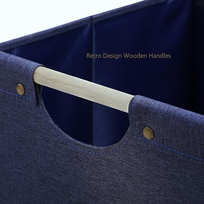 HOONEX Large Foldable Storage Bins, Linen Fabric, Pack of 2, Storage Baskets with Wooden Carry Handles and Sturdy Heavy Cardboard, for Home, Office, Car, Nursery, Blue