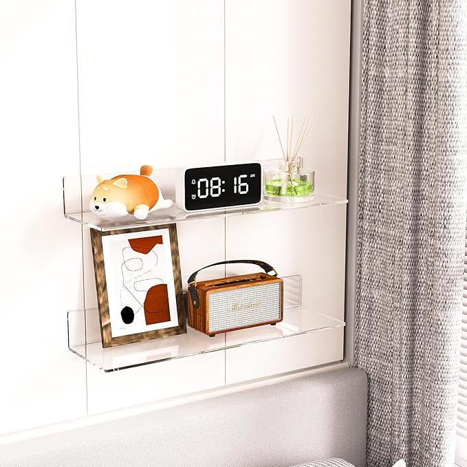 20 Inch Clear Wall Shelves for Wall, Wall Mounted Acrylic Floating Shelf for Plants, Speaker, Radio, Funko Pop, Stuffed Animal, Books, Cosmetics, Toiletries, 2 Pack (20 Inch)-NeatNest