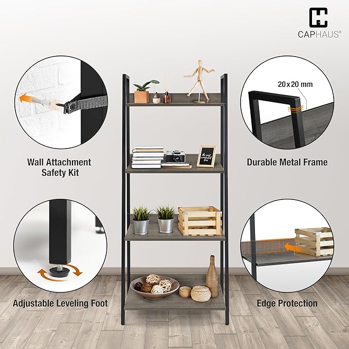 CAPHAUS 4 Tier Ladder Bookshelf, 24 Inch Width Free Standing Shelf, Bookcase Shelf Storage Rack Organizer, Industrial Book Shelves for Home Office, Living Room, Kitchen, Dark Grey Wooden Shelves-NeatNest