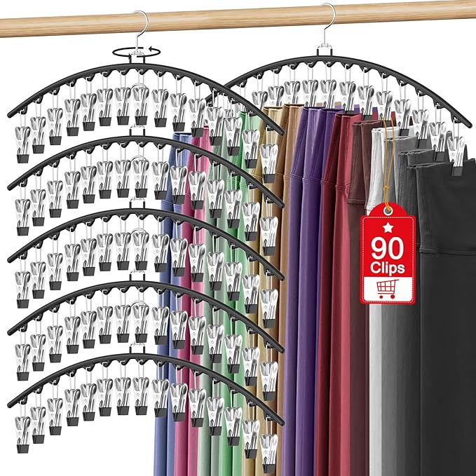 6 Pack Legging Organizer for Closet Hanging, Pants Hangers with 15 Clips Holds 45 Leggings, Shorts, Skirts, Jeans, Hats, Pants Hangers Space Saving Clothes Racks Closet Organizers and Storage, Black-NeatNest