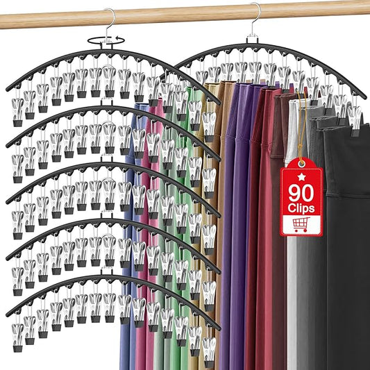 6 Pack Legging Organizer for Closet Hanging, Pants Hangers with 15 Clips Holds 45 Leggings, Shorts, Skirts, Jeans, Hats, Pants Hangers Space Saving Clothes Racks Closet Organizers and Storage, Black-NeatNest