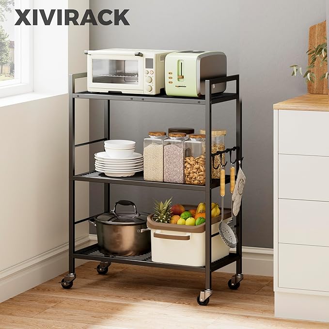 3-Tier Metal Storage Rack with Industrial Wheels,Mesh Shelving Unit with Wooden Table top,Adjustable Shelf,23.6-Inch Width,for Kitchen,Laundry,Pantry,Plant,Black Panel and Black Frame