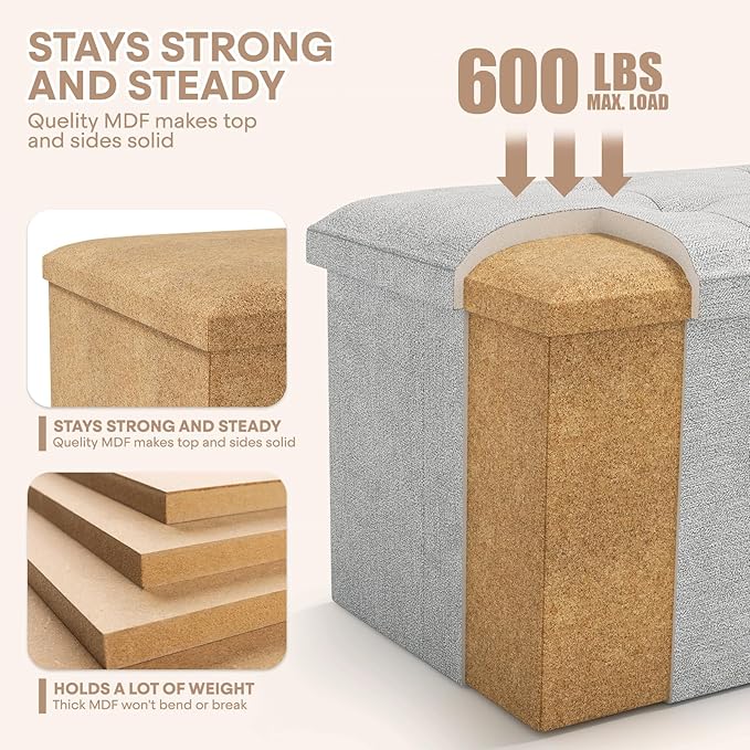Ottoman Folding Storage Bench, 43x15x15 Inch, Foot Rest Stool for Living Room, Bedroom, Entryway, End of Bed - Multi-Functional Ottoman with Storage Light Gray
