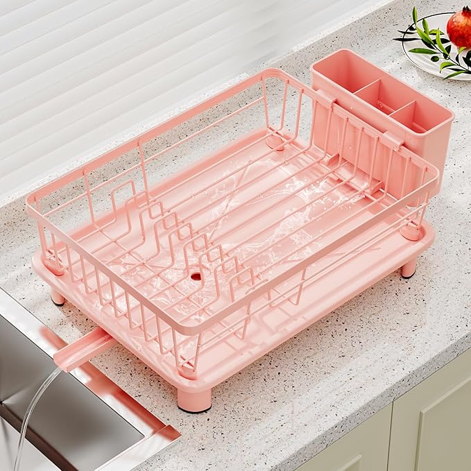 Small Dish Drying Rack, Space Saving Dish Racks for Kitchen Counter, Kitchen Organizer Dish Drainer with Cutlery Holder for Spoons and Forks, 11''W x 15''L, Pink