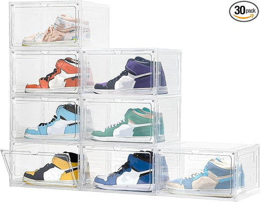 Attelite 8 Pack Shoe Boxes Clear Plastic Stackable, Upgrade Large Shoe Storage Organizer Containers with Magnetic Door for Display Sneaker, Easy Assembly