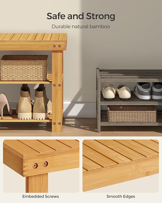 SONGMICS Shoe Rack Bench, 3-Tier Bamboo Shoe Storage Organizer, Entryway Bench, Holds Up to 286 lb, 11.3 x 35.4 x 17.8 Inches, for Entryway Bathroom Bedroom, Natural ULBS90N-NeatNest