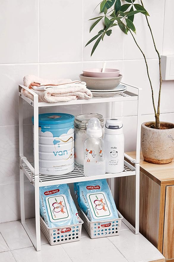 2pk Kitchen Cabinet Shelf Counter Organizer Rack Pantry Storage Bathroom Bedroom Office Table Desk Space Saving Steel Frame Stackable Rust Resistant Non Slip White-Tall- L13in W8.3in H9.5in-NeatNest