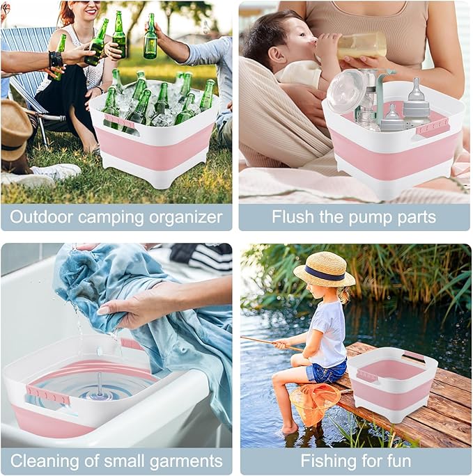 2.4 Gal Collapsible Wash Basin with Drain Plug, Space-Saving Portable Wash Tub, 9L Dish Pan for Soaking Baby Bottles and Pump Parts, Versatile Dish tub for Kitchen, RV, Outdoor Camping Sink (Pink)-NeatNest