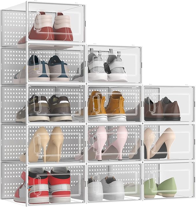 12 Pack XXX-Large Modular Clear Plastic Stackable Shoe Storage Organizer for Closet, Space Saving Versatile Sneaker Shoe Rack Containers Bins Holders, Portable Closet Organizers and Storage, White-NeatNest