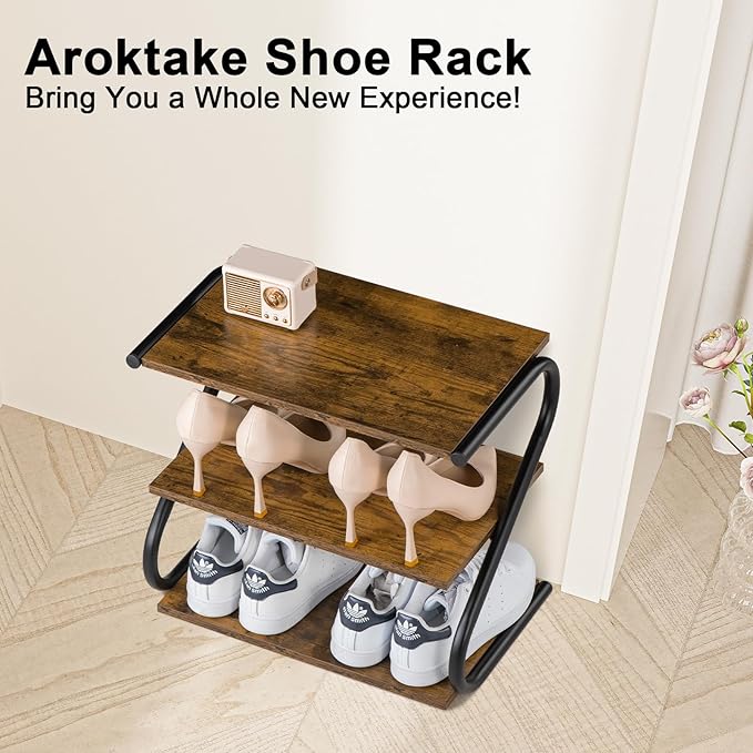 Small 3-Tier Shoe Rack, Z-Frame Wooden Shoe Shelf with Durable Metal Shelves for Hallway, Living Room, Closet, Bedroom (17.2”)-NeatNest